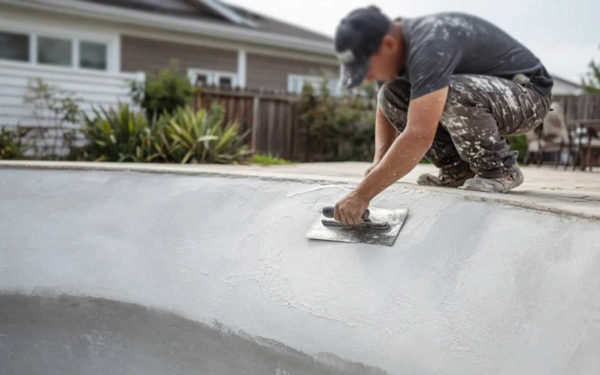 Plasterer in a paint-spattered cap smoothing grey plaster on the curved wall of an empty pool with a trowel