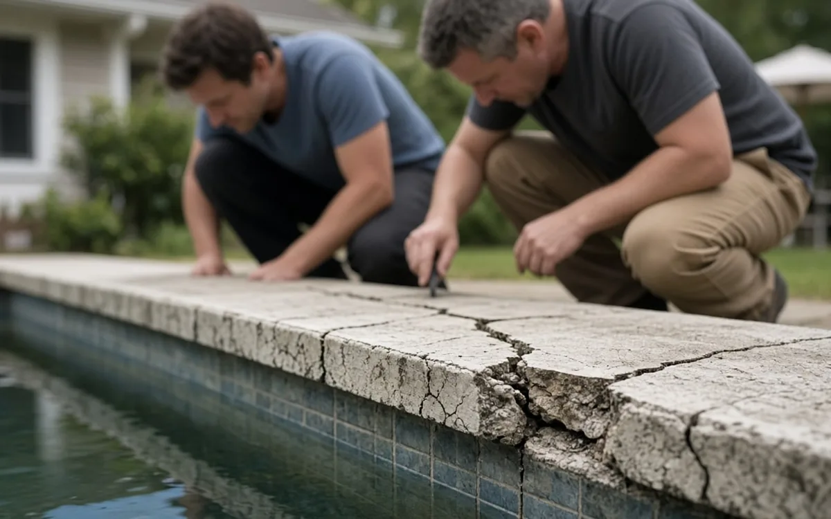 Two men kneeling to inspect badly cracked concrete pool coping above a blue waterline tile