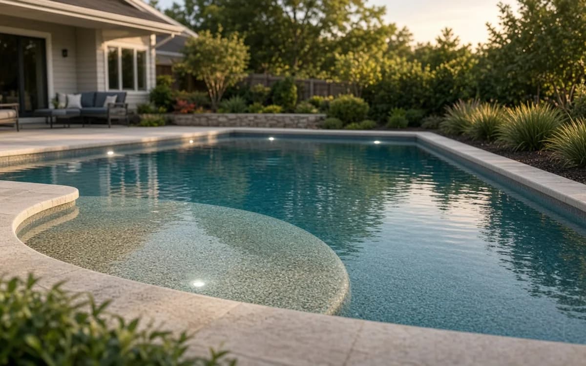 Freeform pool with a pebble-finish tanning ledge, underwater lights and stone coping at sunset