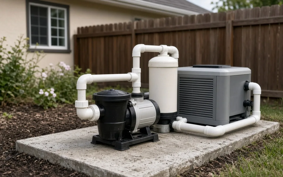 Pool pump, cartridge filter and grey heater joined by white PVC pipe on a concrete pad by a fence