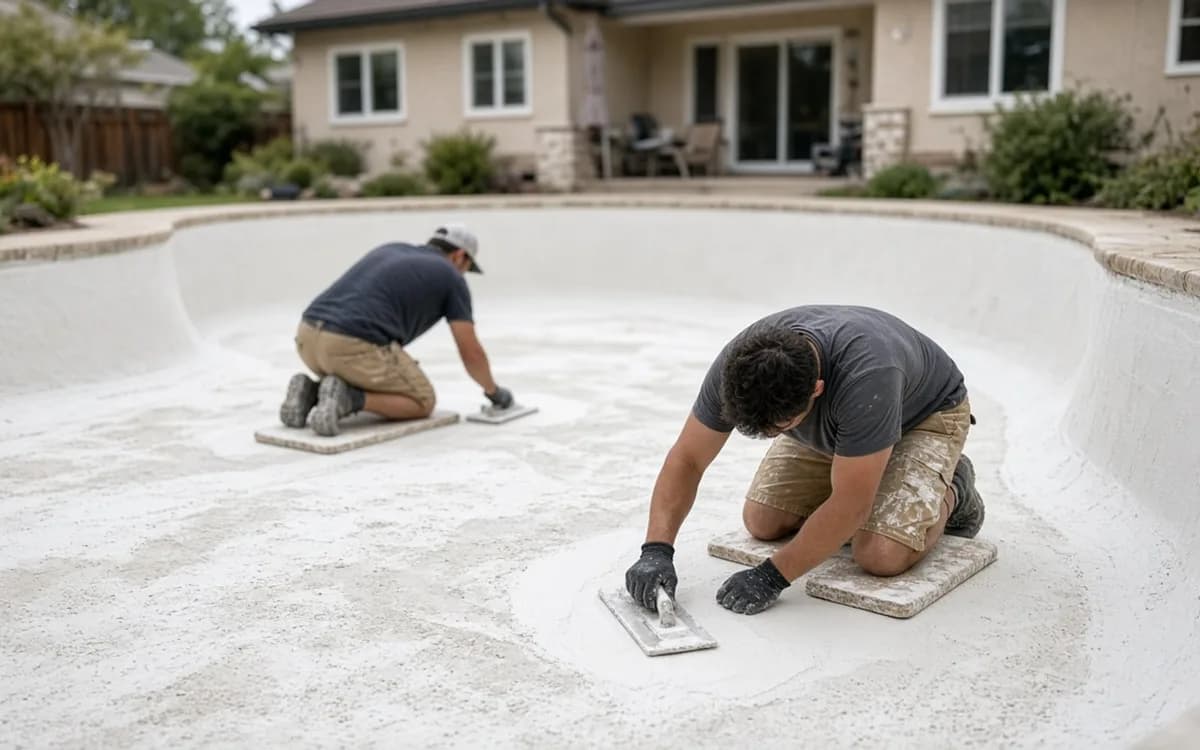Two workers on kneeboards troweling fresh white plaster across the floor of a drained pool