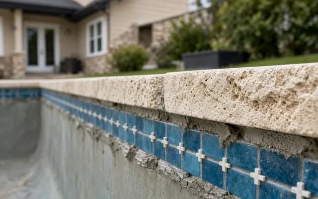 Close view of a new stone coping block over a blue waterline tile row with white tile spacers
