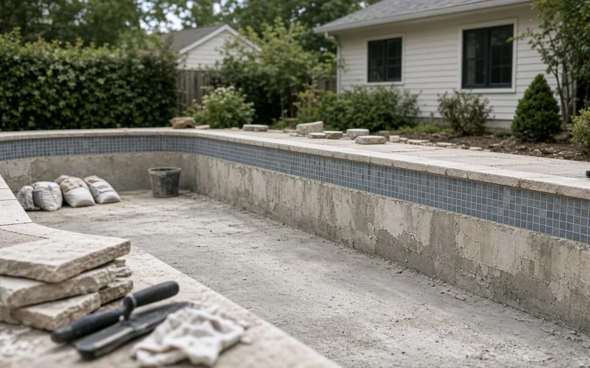 Drained rectangular pool with coping removed, stacked coping stones, trowels and mortar bags on the deck