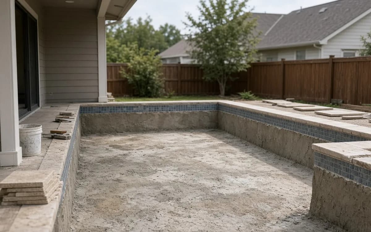 Empty pool with rough concrete shell, old blue tile band and loose coping pavers laid along the edge