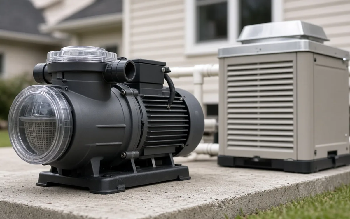 Pool pump with a clear strainer lid beside a silver heater on a concrete slab next to a house