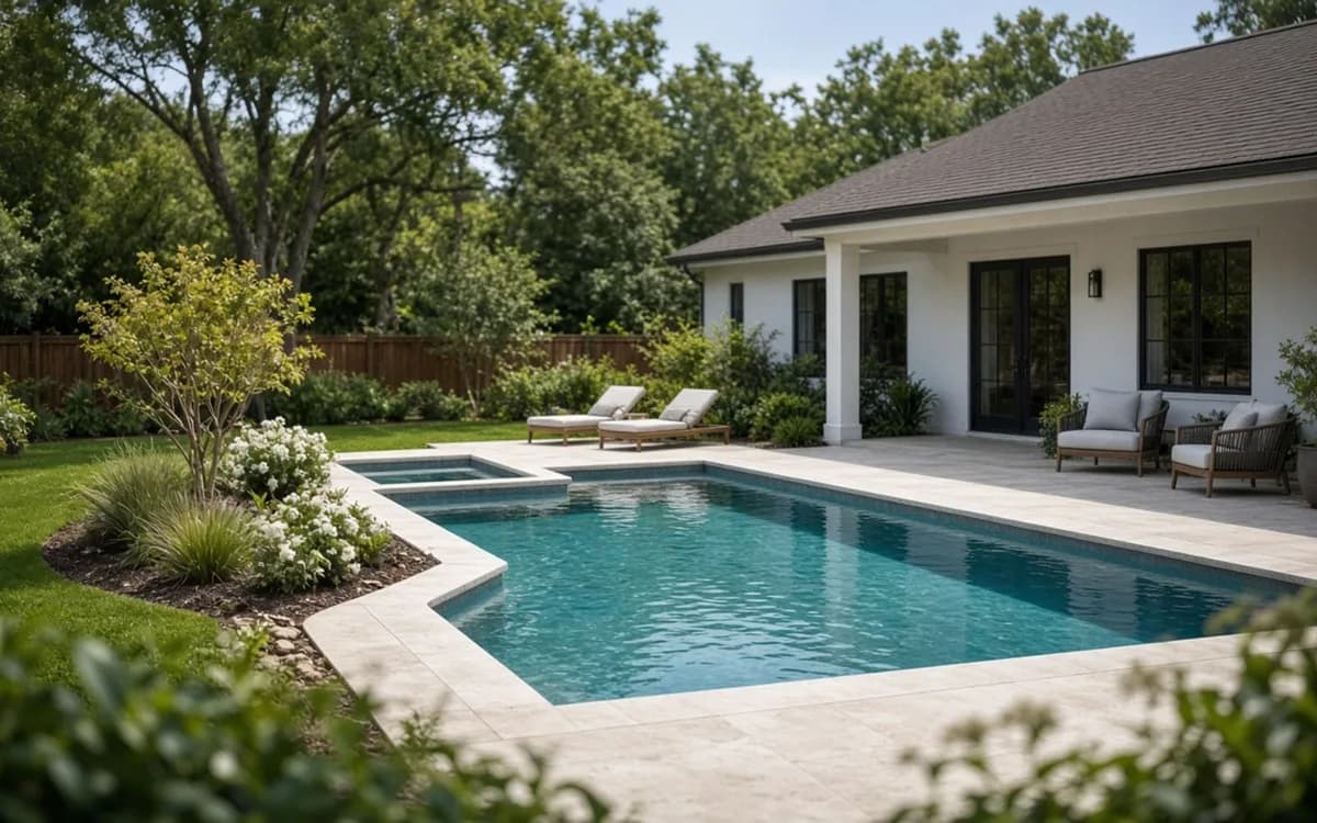 Completed pool remodel with pebble interior, new travertine coping, a stamped concrete overlay deck and a raised wall with a sheer descent