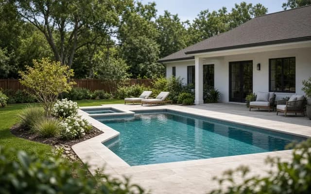 Rectangular pool with an attached spa, pale stone deck and lounge chairs behind a white single-story house
