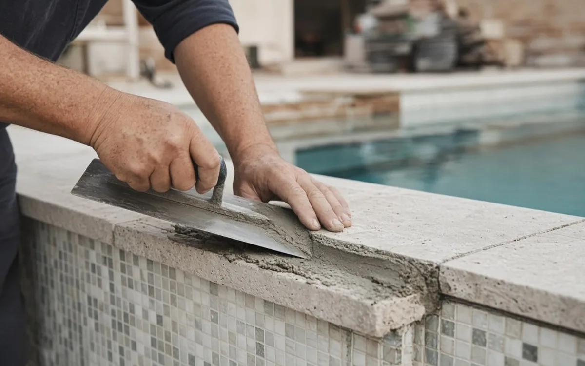 Newly set glass mosaic waterline tile beneath fresh travertine bullnose coping, with a clean expansion joint between coping and paver deck