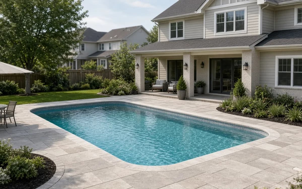 Freshly refilled backyard pool with new blue-gray pebble interior, a brush resting on the step during the startup cure period