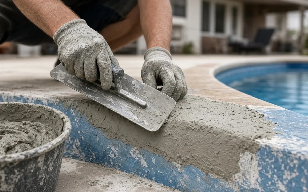 Gloved hands troweling grey plaster over an old blue pool surface at the edge, bucket of mix beside