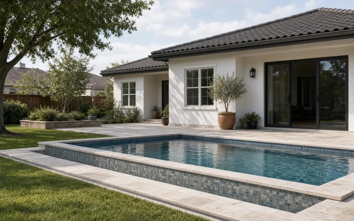 Newly set glass mosaic waterline tile beneath fresh travertine bullnose coping, with a clean expansion joint between coping and paver deck