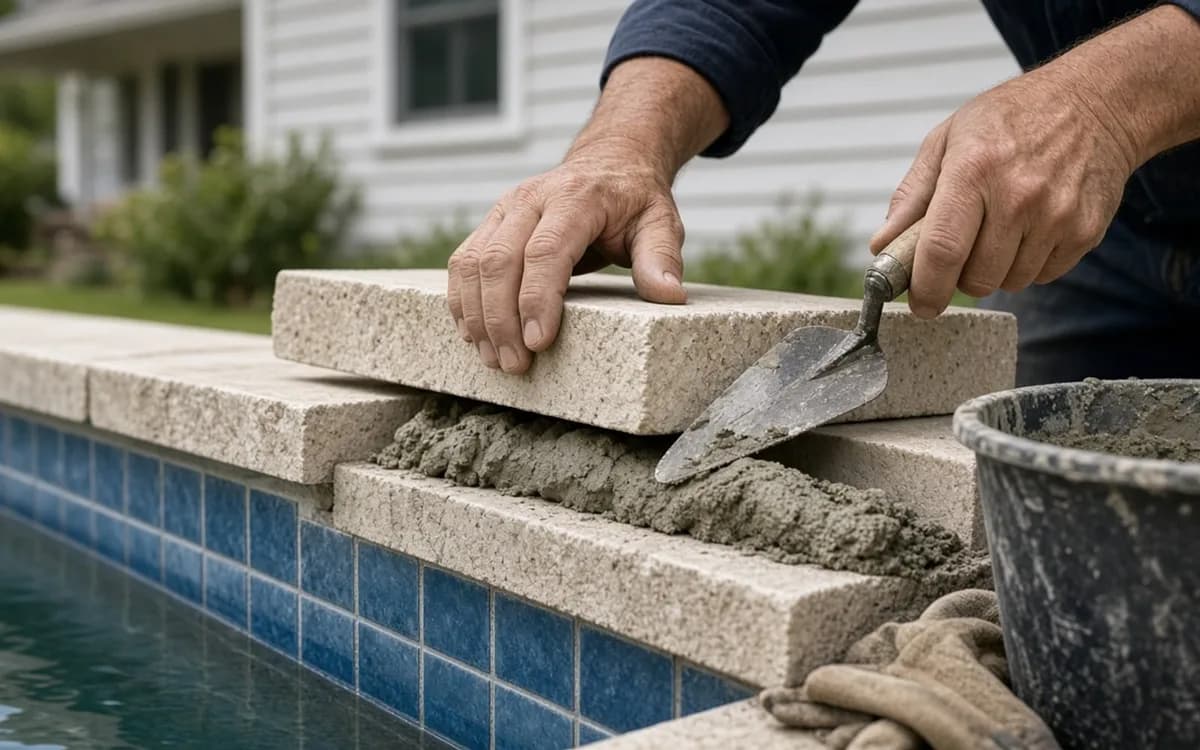 Close-up of a pool waterline where old blue tile has popped off the bond beam, with the water lowered below the tile line and a chisel resting on the coping