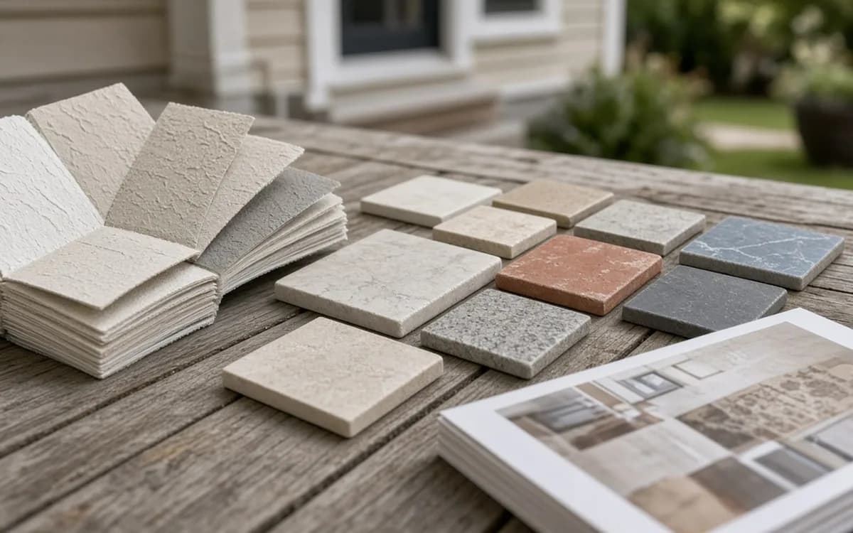 Pool finish and paver samples in white, grey, red and blue fanned on a patio table with a brochure