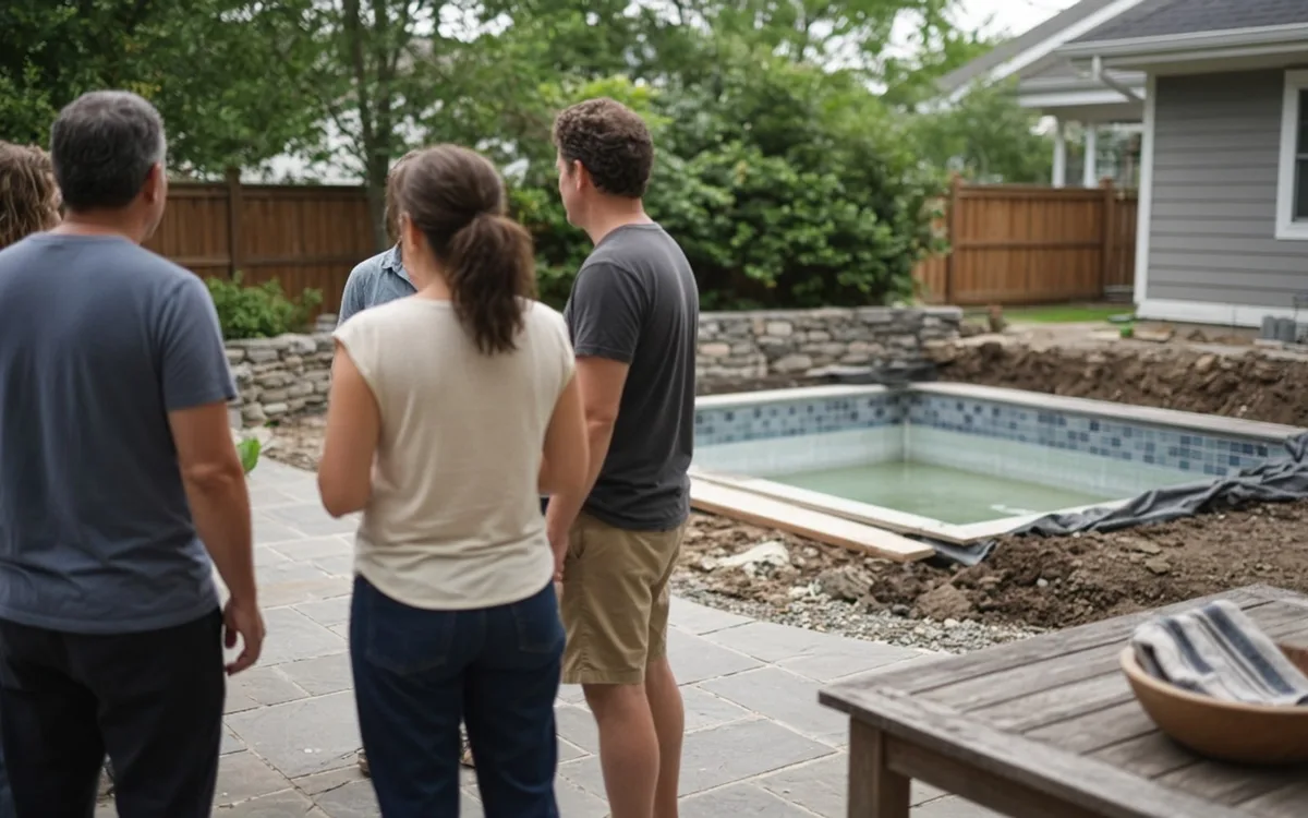 Group of adults standing on a patio looking at a small pool under renovation with dirt and a tarp