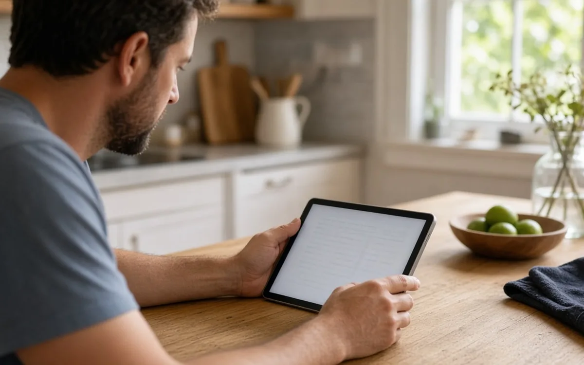 Bearded man holding a tablet at a kitchen table with a bowl of limes and a folded towel nearby